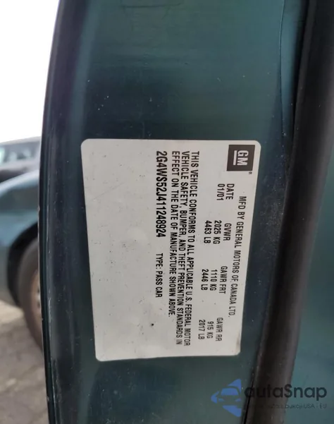 2001 Buick Century Custom from USA, damaged, VIN 2G4WS52J411248924